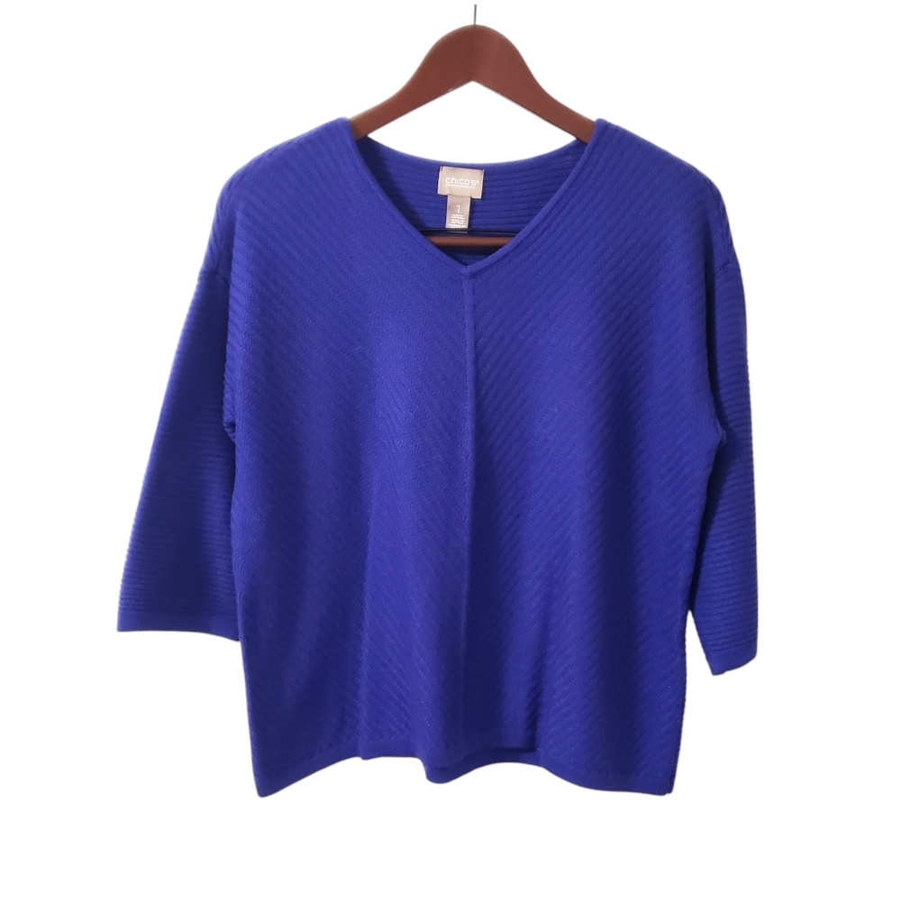 Chico's V-Neck Ribbed Knit‎ Textured Blue Sweater 3/4 Sleeve Sz 1 (Medium)
